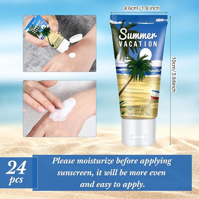 24 Pcs Mini Sunscreen Bulk for Summer Wedding Party Spf 30 Water Resistant Sunscreen Lotion Bulk 1oz Travel Size for Thank You Gifts Wedding Party Supplies(White Cream,Vacation)