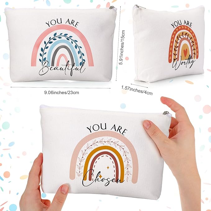Coume 20 Pcs Inspirational Rainbow Canvas Makeup Bags Bulk Appreciation Quotes Cosmetic Bags Zipper Personalized Encouragement Travel Pouch Toiletry Bag for Women Teacher Nurse Friend(Rainbow)
