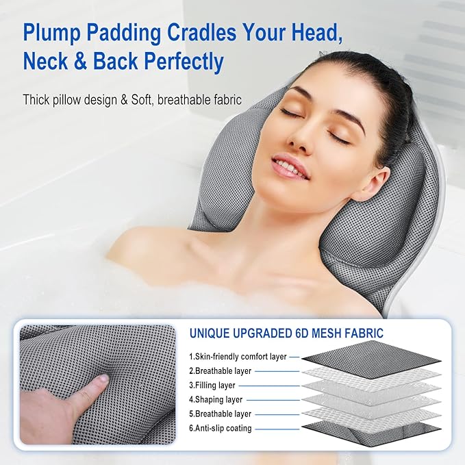 Full Body Bath Pillow for Bathtub, Luxury Bath Gifts for Women Thick Bathtub Cushion for Soaking Tub with Laundry Bag, Bathtub Pillow Luxury Bathtub Pillows for Head,Neck & Back,Spa (Light Grey)
