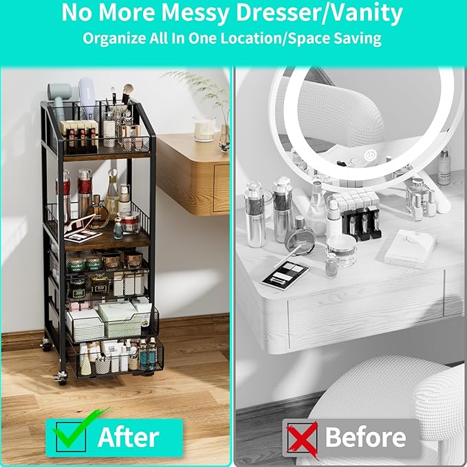 HapiRm Makeup Organizer Storage Cart - Floor Skincare Make Up Storage with 4 Drawers, Rolling Makeup Cart Vanity Organizer Cosmetics Display Cases Holder for Skin Care Perfume Nail Polish