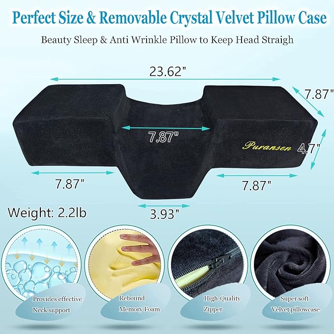 Puransen Lash Bed Pillow with Neck & Back Support - Curved Memory Foam Beauty Pillow for Eyelash Extensions & Salon Services, Two Pockets for Tools on The Sides of Removable Velvet Pillowcase (Black)