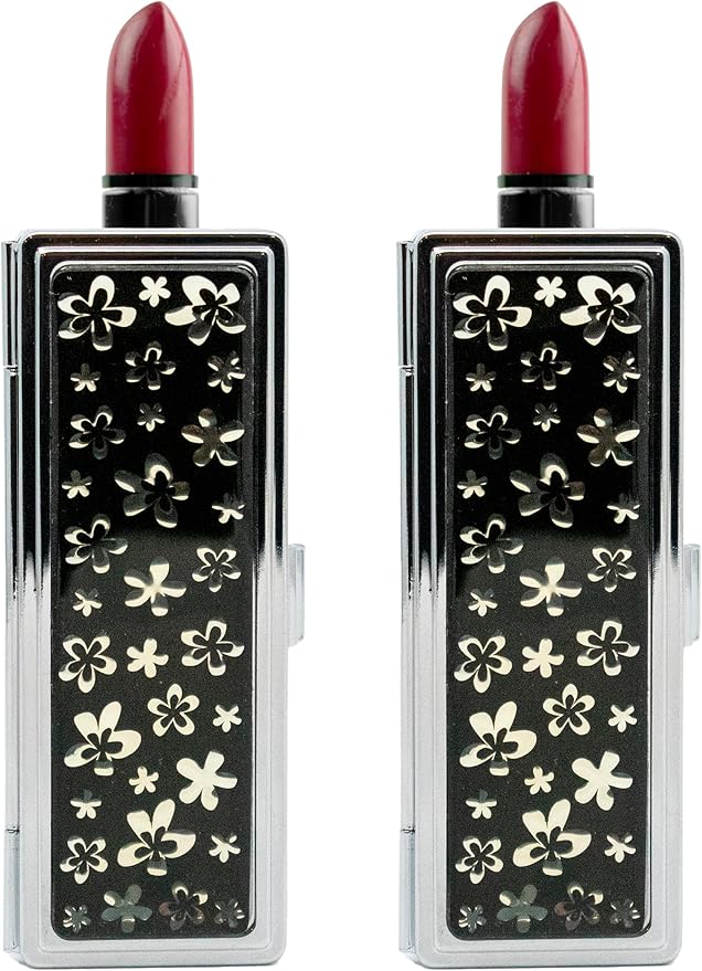 Stephanie Imports Set of 2 Rectangular Vintage Lipstick Cases With Glass Mirror (Black Floral)