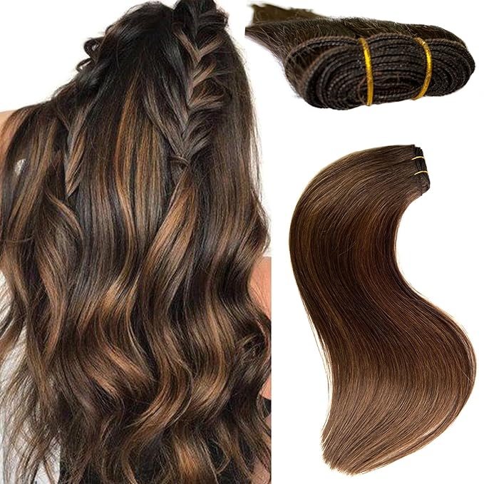 Sew in Hair Extensions Real Human Hair, Weft Hair Extensions Human Hair Bundles 22 Inch 120G Dark Brown Balayage Light Brown Hair Extensions Real Human Hair Weft Weave Bundles for Women