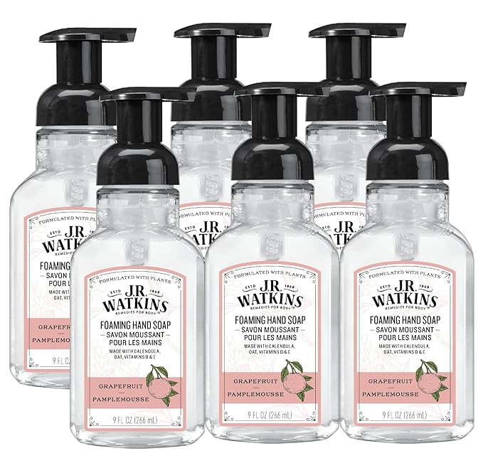 J.R. Watkins Foaming Hand Soap Pump with Dispenser, Moisturizing All Natural Hand Soap Foam, Alcohol-Free, Cruelty-Free, USA Made, Use as Kitchen or Bathroom Soap, Grapefruit, 9 fl oz, 6 Pack