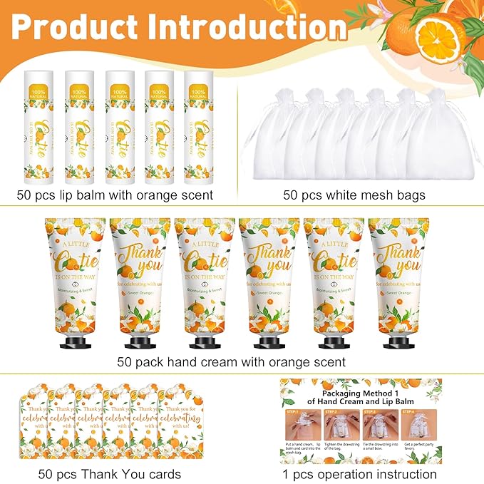 50 Pack Bulk Hand Cream and Bulk Lip Balm Gifts Sets, Bridal Shower Favors and Baby Shower Favors for Guests with Thank You Card and Organza Gift Bags, Appreciation Gifts, Baby Shower Prizes (Orange)