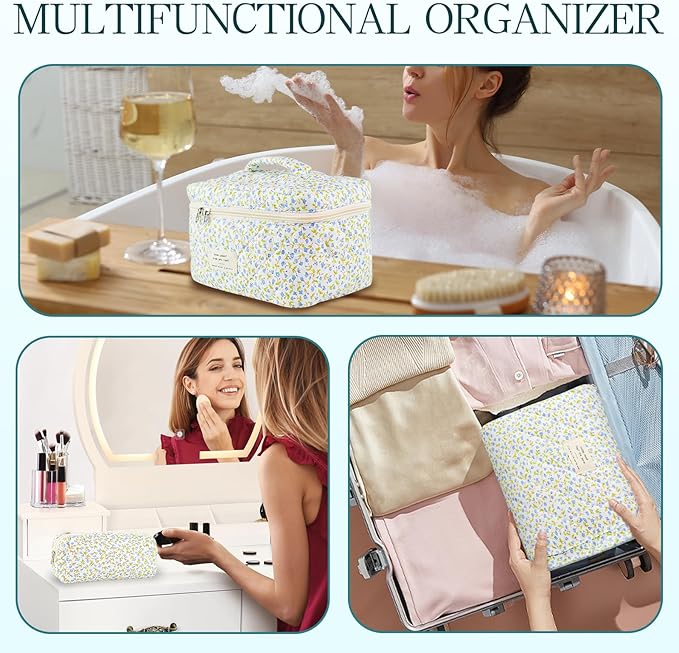 Makeup Bag, 3 PCS Quilted Makeup Bag, Cute Floral Cotton Cosmetic Bag set, Coquette Makeup Pouch Large Travel Toiletry Bag