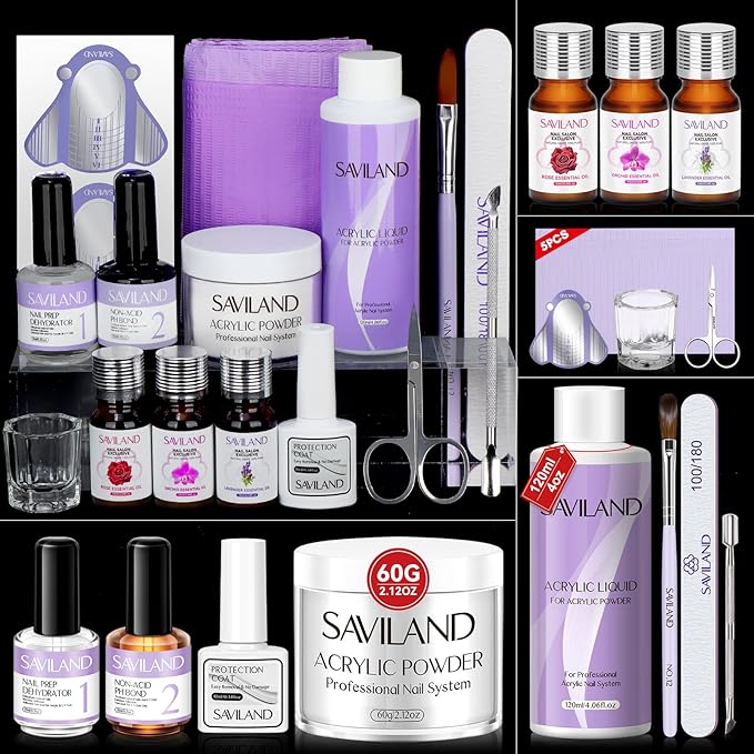 SAVILAND Acrylic Nail Kit with 100% Essential Oil - 2oz Clear Acrylic Powder and Liquid Set 120ml with Nail Practice Mat Dehydrator Primer Professional Acrylic Nail Kit Set for Beginners DIY Nail Art