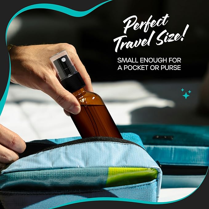 Nevlers 4 Oz Amber Spray Bottles 24 Pack | 118 mL Amber Glass Bottle Sprayer Set w/Funnel, Brush, Labels & Marker | Mist Bottle For Use as Travel Liquid Bottles for Fragrances, Essential Oils & More