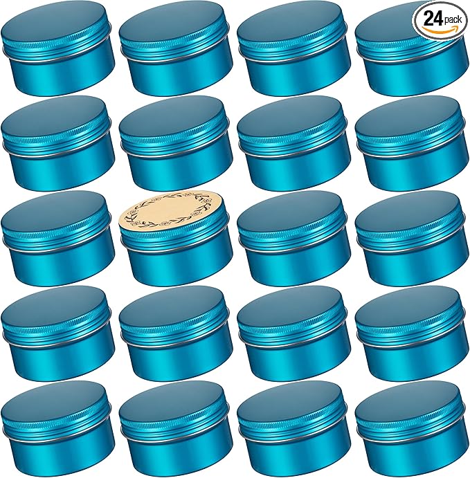 24 Pack 4oz Screw Top Aluminum Tin Jars with Screw Lids and Blank Labels - Refillable 120ml Metal Containers for Lip Balms, Candles, Salves, Spices, Crafts (Lake Blue)