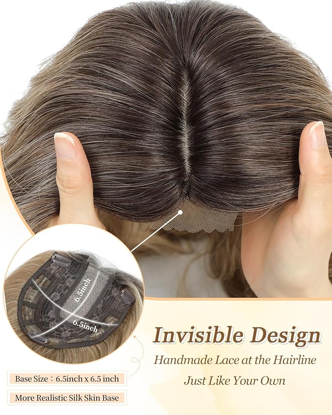 PANEWAY Hair Topper 16Inch Hair Toppers For Women Wavy Curly Brown Blonde with Dark Root Clip In Hair Topper Add Hair Volume Synthetic Wiglets Hair Pieces For Women