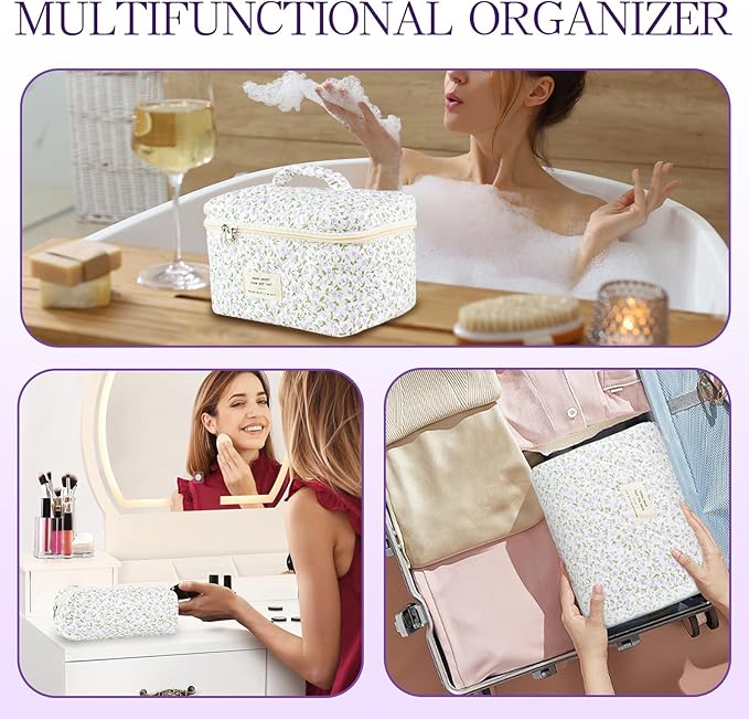 Makeup Bag, 3 PCS Quilted Makeup Bag, Cute Floral Cotton Cosmetic Bag set, Coquette Makeup Pouch Large Travel Toiletry Bag