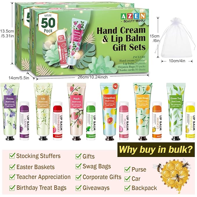 AZEN 100 Sets Hand Cream and Lip Balm Set with Organza Bag Thank You Card, Baby Shower Wedding Gifts for Guests, Bridal Souvenirs for Colleagues Employee Coworkers, Party Favor for Female Friends