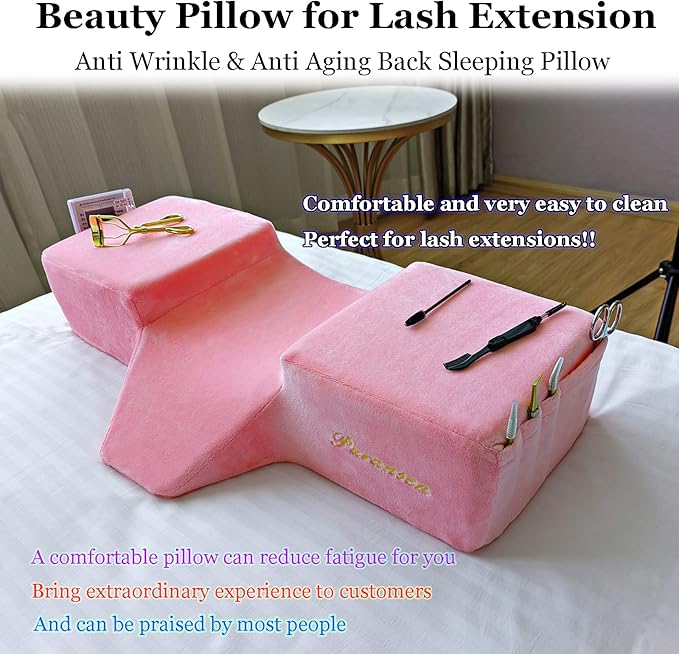Puransen Lash Bed Pillow with Neck & Back Support - Curved Memory Foam Beauty Pillow for Eyelash Extensions & Salon Services, Two Pockets for Tools on The Sides of Removable Velvet Pillowcase (Pink)