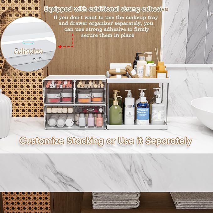 2 Tier 3-Drawer Bathroom Counter Storage Organizer - Stackable Design - 14.4" Tall Large Beauty Product Organizer Suitable as Makeup,Beauty,Face Product,Lotion,Skincare Organizer,White