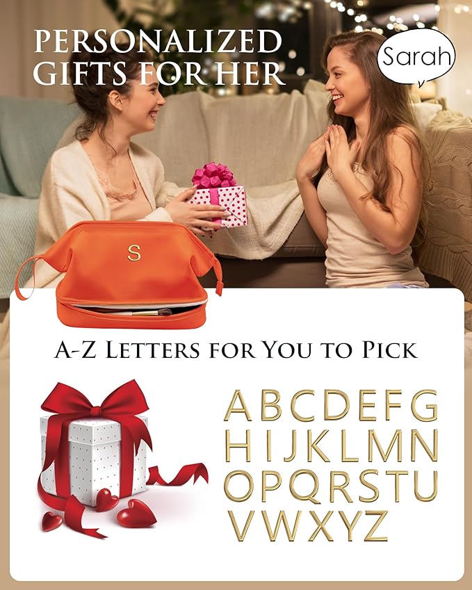 Gift for Granddaughter, Graduation Gifts-Initial Makeup Bag, Personalized Double Layer Cosmetic Bag with Makeup Brush Organizer,Birthday Gifts for 9 10 11 12 13 14 Year Old Girls