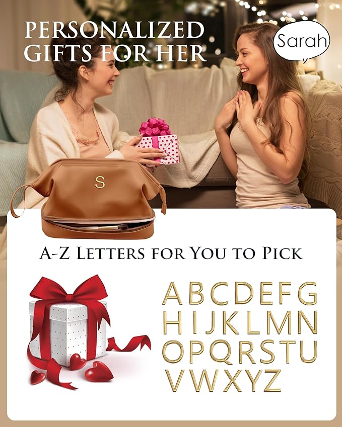 Work Gifts for Women, Personalized Makeup Bag, Monogrammed Gifts, Initial Double Layer Cosmetic Bag with Makeup Brush Organizer, Travel Toiletry Bag, Gifts for Friends, Teen Girl Gifts