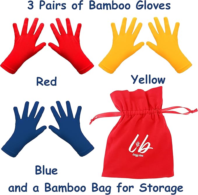 Bamboo Gloves for Eczema, Kids Age 8-10, Dry Hands, Moisturizing Gloves for Children Overnight, 3 Pairs