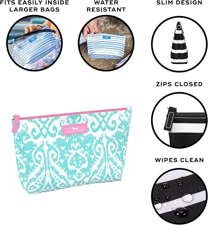 SCOUT Twiggy Makeup Bag, Slim Water-Resistant Pouch Zips Shut, Wipes Clean, Packs Easily