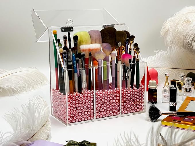 Acrylic Makeup Organizer ,clear Cosmetic brush storage box with 3 Brush Holders ,Makeup brush holderwith dust cover, Largecapacity split design can quickly organize the desktop ( with Free