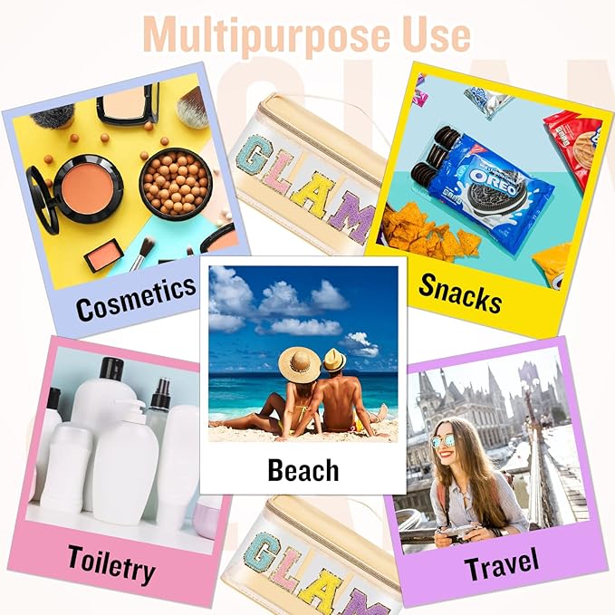 Chenille Letter Clear Makeup Bags Glam Pouch, Preppy Patch Makeup Bag Zipper with Handle, Transparent PVC & Nylon Waterproof Glitter Cosmetic Handbag Travel Toiletry Storage for Women Girl(GLAM-Beige)