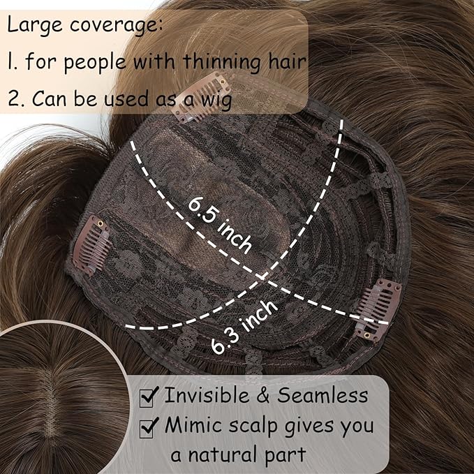 16 Inch Hair Toppers for Women with Thinning Hair, 360° 3D Realistic Toppers for Women Wispy Bangs Clip Synthetic Curly Wavy (8-10)