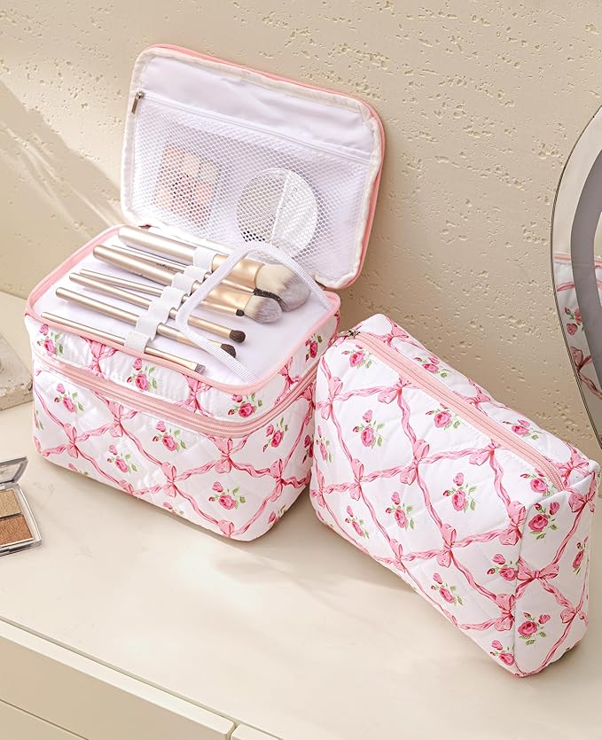 HBselect 2Pcs Travel Makeup Bag, Large Cotton Quilted Makeup Bag Cosmetic Bag Cute Make up Bag Toiletry Bags for Women Girls