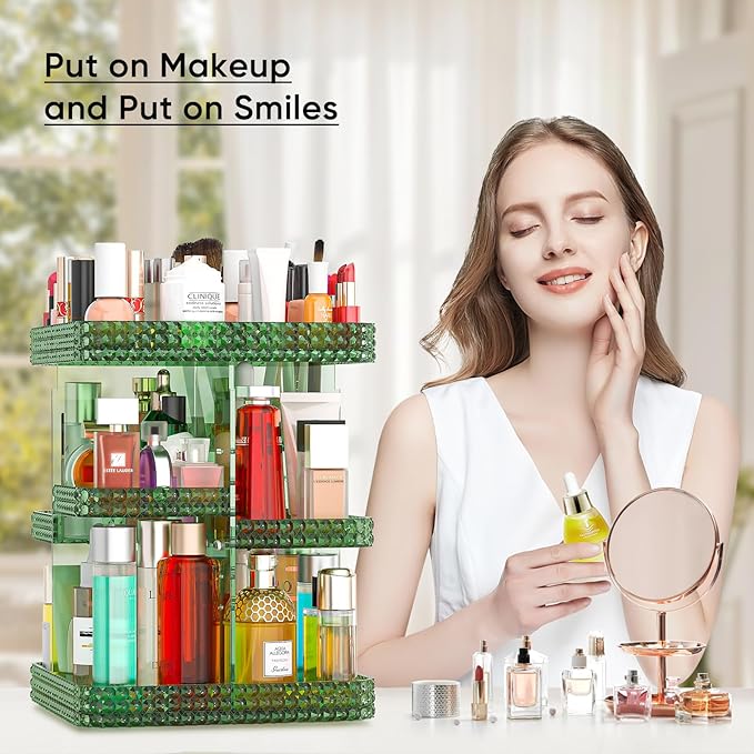 360 Rotating Makeup Organizer, Acrylic DIY Adjustable Bathroom Makeup Carousel Spinning Holder Rack, Large Capacity Cosmetics Storage Box Vanity Countertop, Skin-care Organizers (Green)