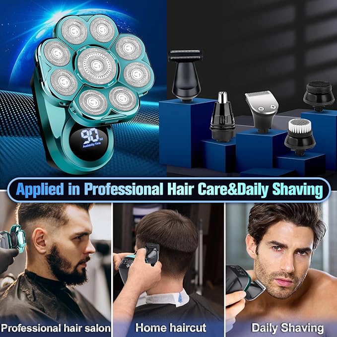 9D Head Shavers for Bald Men, Electric Shaver for Men,6 in 1 Mens Grooming Kit with Nose Hair Trimmer, Beard Trimmer,Waterproof Wet/Dry Rotary Shaver,Gift for Father, Husband, Boyfriend (Green)