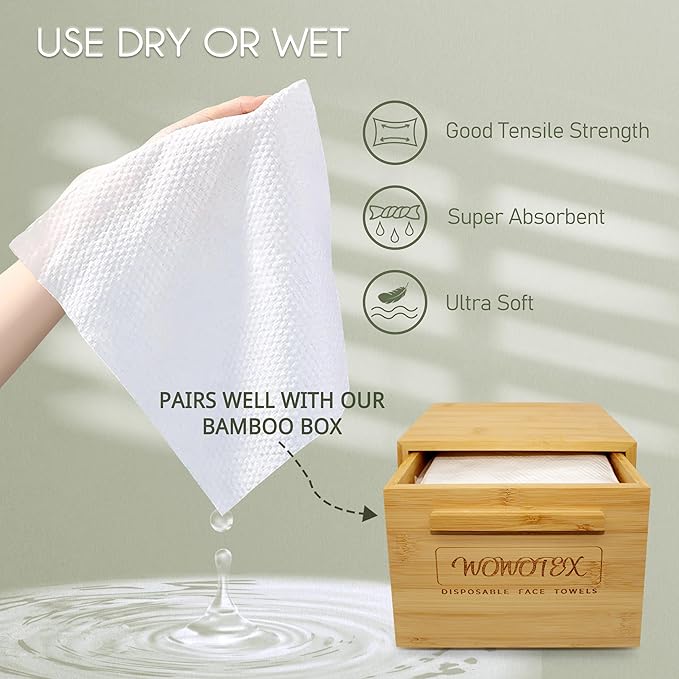 Christmas Style WOWOTEX Disposable Face Towel Biodegradable Large Dry Wipes 60 Count/Box Extra Thick Soft Clean Facial Towels for Sensitive Skin, Makeup Removing, Cleansing, Nursing, 10"×12"