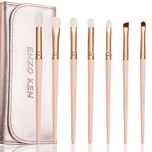 Natural Goat Hair Eye Shadow Brush Set, ENZO KEN Fluffy Blending Eyeshadow Brush Set with Case, Small Nose Contour Brush, Natural Hair Eyeshadow Brushes, Eye Brush, Eyeshadow Blending Brush. Pink,E400