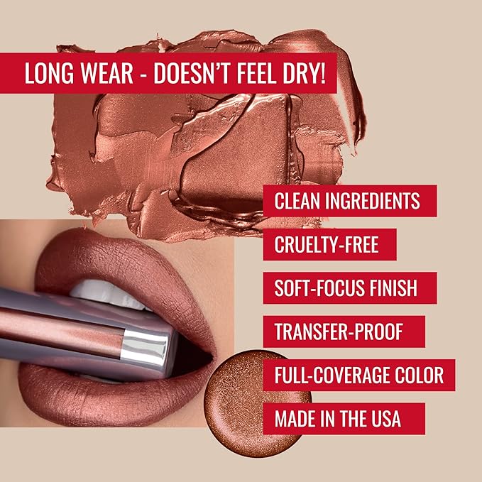 Runway Rogue ‘Film Noir’ Golden-Bronze Silk Glam Long Wear Liquid Lipstick Bundle with ‘Trendsetter’ Matte Soft-Mocha Designer Liner Lip Liner