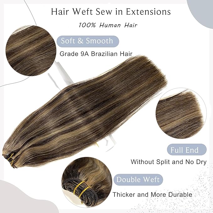Sew in Hair Extensions Real Human Hair, Dark Brown Balayage Blonde Hand Tied Weft Hair Extensions Human Hair Bundles,120G 22 Inch Human Hair Wefts Sew in Extensions for Women