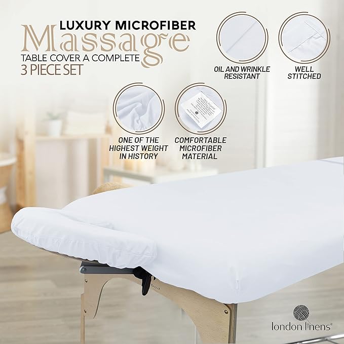 LONDON LINENS Soft Microfiber Massage Table Sheets Set 3 Piece Set - Includes Massage Table Cover, Massage Fitted Sheet, and Massage Face Rest Cover (White)