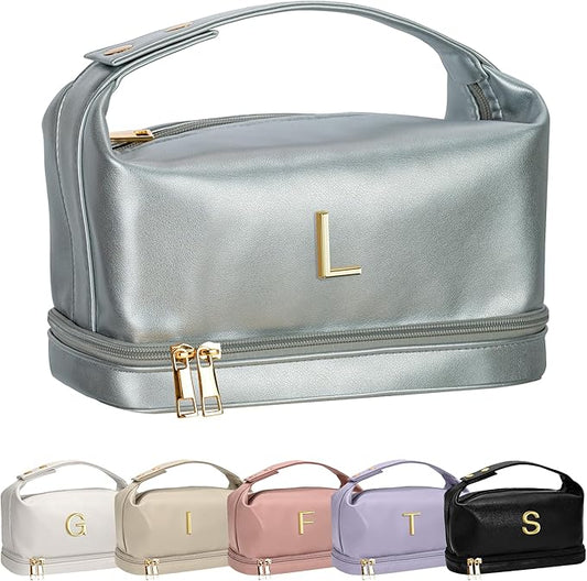 Personalized Gifts for Women Unique, Makeup Bag with Handle, Initial Double Layer Cosmetic Bag with Makeup Brush Organizer, Cute Cosmetic Pouch for Women, Gifts for Friends Female Mom