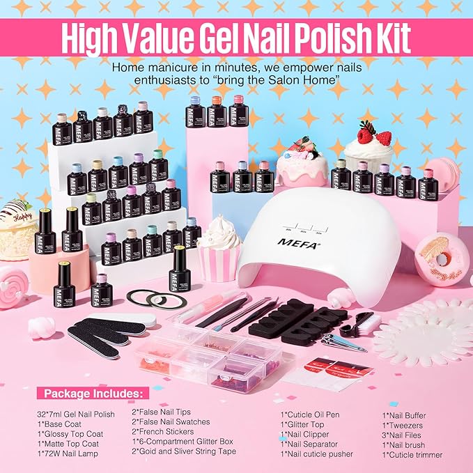 MEFA 32 Colors Gel Nail Polish Kit with U V Light, Spring Gel Nail Kit Pastel Pink Blue Glitter Gel Nail Polish Set Manicure Tool Nail Art Decorations Gift