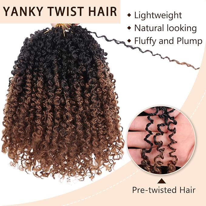 COOKOO 8 Inch 2 Packs Pre Twisted Yanky Twists Braiding Hair with Curls 30 twists per bundle Ombre Brown Marlybob Crochet Hair Short Passion Twist Crochet Braids Synthetic Hair Extensions 1B/30#