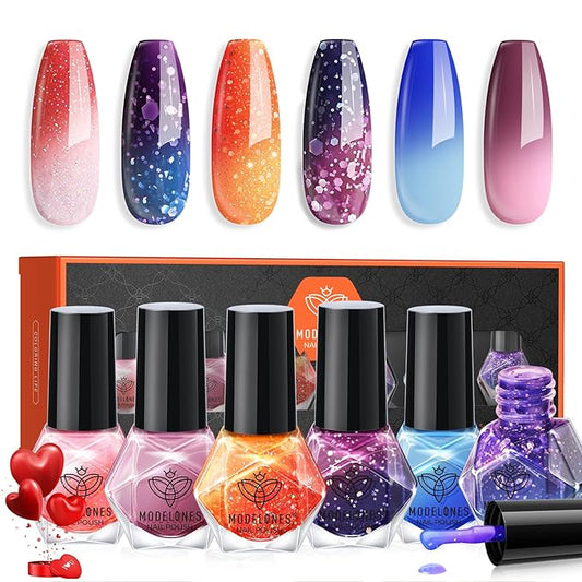 modelones Color Changing Nail Polish Set, 6 Colors Winter Pink Blue Purple Orange Neon Mood Temperature Change Ombre Quick Dry Mini Nail Polish Manicure DIY Nail Art Salon Valentine's Gift