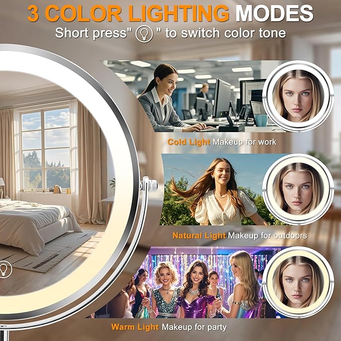10x Large Lighted Makeup Mirror, Rechargeable 8.7" Double-Sided Vanity Mirror with 3 Color Dimmable Lights, 1X/10X Height Adjustable Magnifying Mirror, 360° Swivel, for Women Girl(Silver)