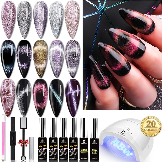 Clara Colors Cat Eye Gel Nail Polish Set - UV Light, 20 Colors Magnetic & Holographic Glitter Galaxy Series - Cat Eye Gel Polish Kit with 4 Magnets, Black & White Base & Top Coat