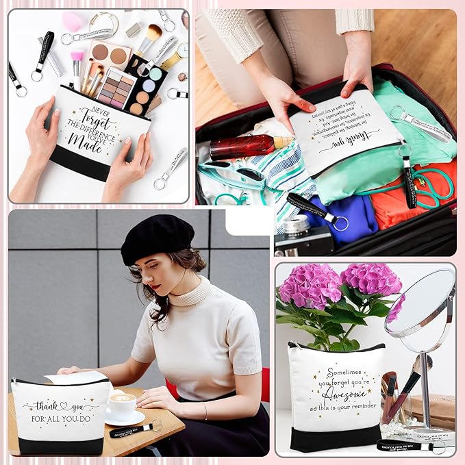 Sanwuta 48 Pcs Mother's Day Thank You Gifts Bag Bulk for Women 24 Make up Bags 24 Appreciation Keychains for Teacher Nurse(Classic)