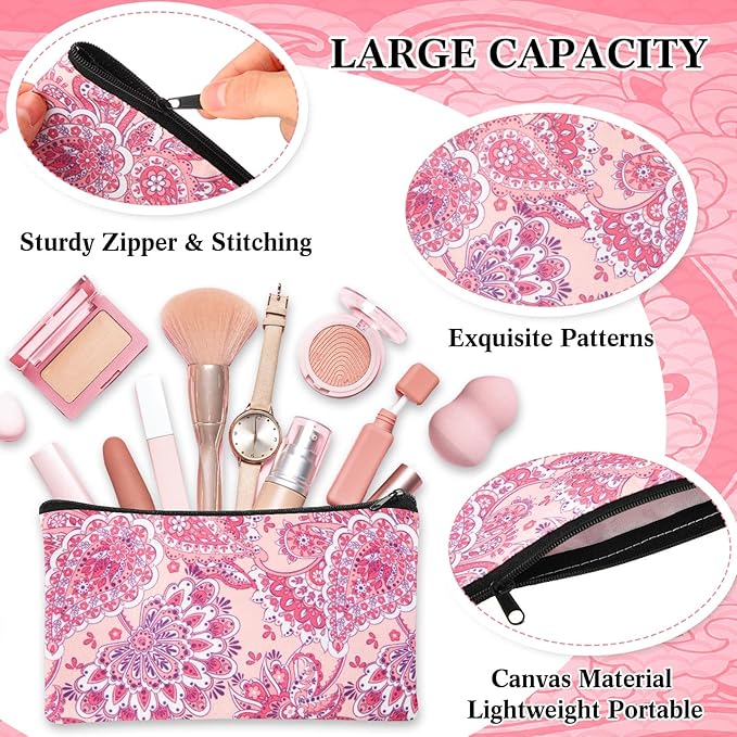 24 Pieces Makeup Bags Bulk Canvas Cosmetic Bags Purse Organizer Zipper Cosmetic Pouch Portable Travel Toiletry Pouch for Women Men Gifts, 7 x 4 Inch (Paisley)