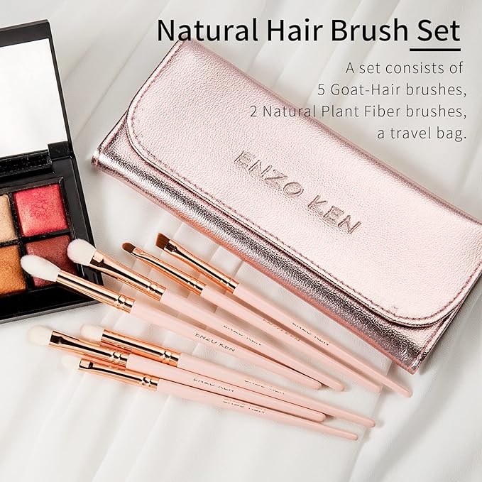 Natural Goat Hair Eye Shadow Brush Set, ENZO KEN Fluffy Blending Eyeshadow Brush Set with Case, Small Nose Contour Brush, Natural Hair Eyeshadow Brushes, Eye Brush, Eyeshadow Blending Brush. Pink,E400