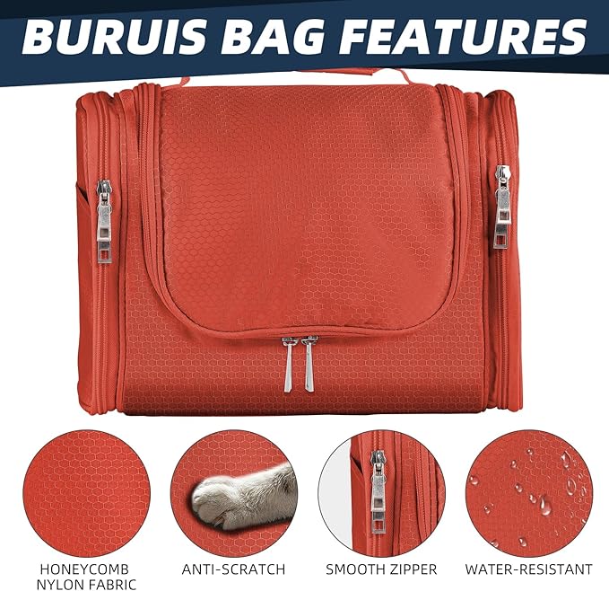 Buruis Large Capacity Toiletry Bag for Women and Men, Hanging Toiletry Organizer Cosmetics Makeup Bag, Water-resistant Dopp Kit Shaving Bags for Full Sized Toiletries, Travel Essentials (Orange)