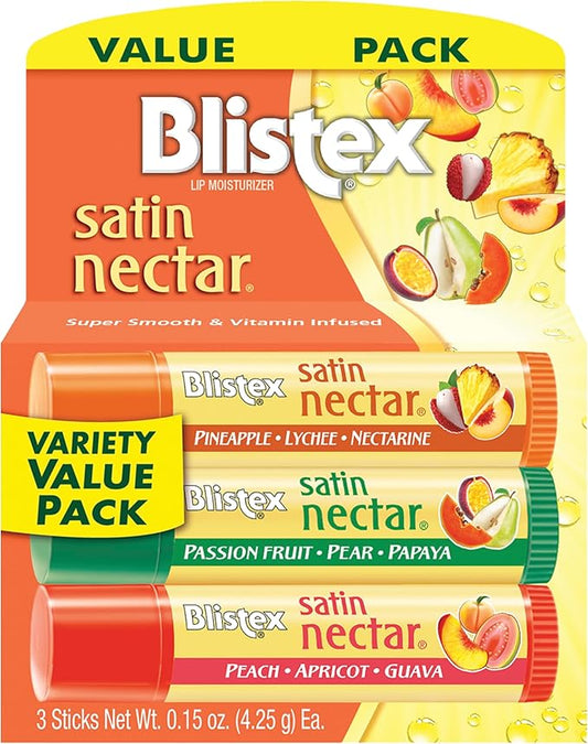 Blistex Satin Nectar Lip Balm, 0.15 oz, 3 Count, Lip Moisturizer Variety Pack, Moisturizes and Comforts Dry Lips, Refreshing Flavor Blend, Easy Glide Formula for Full Coverage, 1 Pack