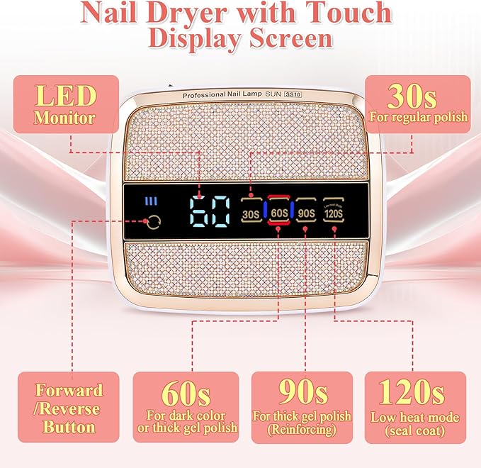 Cordless UV LED Nail Lamp, 168W UV Nail Light for Nail Polish, Portable Nail Dryer, Portable Nail Lamp with 4 Timers and LCD Display, Diamond Professional Nail Lamp for Home Salon Nail Art Tools