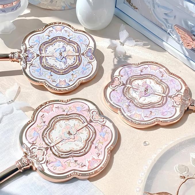 Flower Knows Butterfly Cloud Collar Hand Mirror,Portable Vintage Handheld Mirror,Durable Metal Mirror,Cute & Aesthetic Princess Mirror,with Long Handle for Easy Holding,Gift for Girls(Lotus Pink)