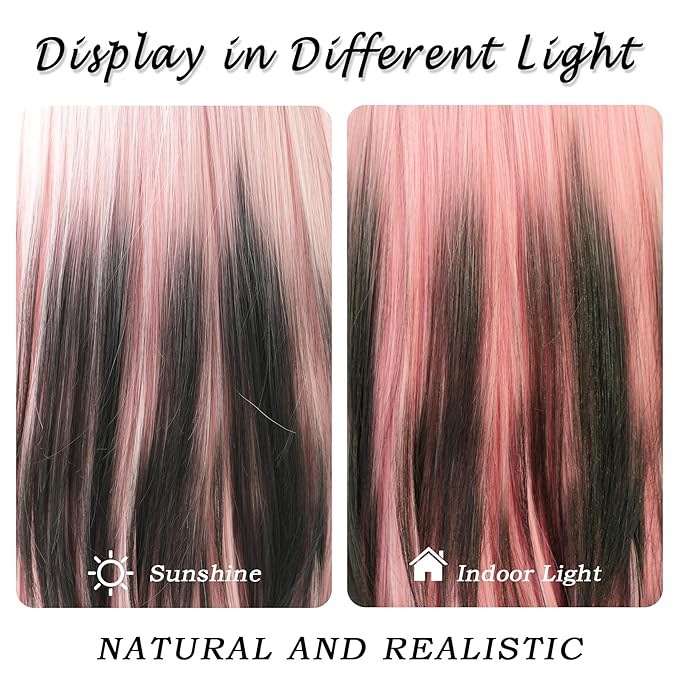 7JHH WIGS Long Wavy Wig Pink and Black Layered Wig with Curtain Bangs, Synthetic High Density Heat Resistant Hair Straight Wig ends dyed black for Daily Party 25 Inches