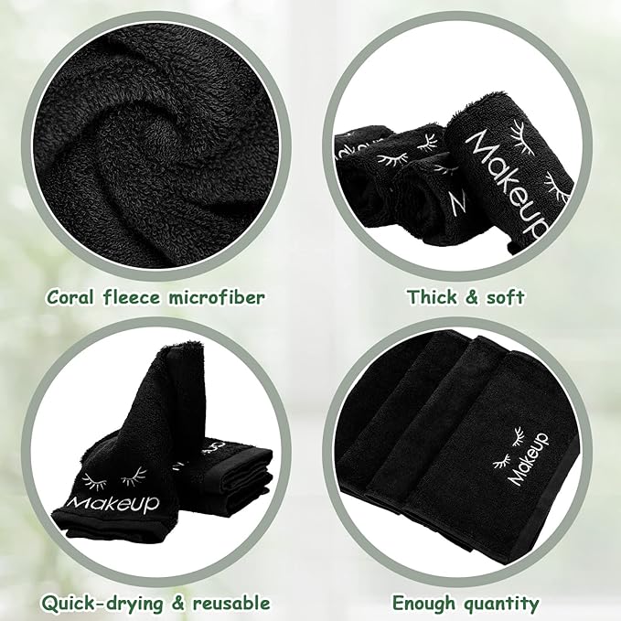 30 Pcs Microfiber Black Makeup Washcloths for Face 13 x 13 Inches Makeup Remover Towels Reusable Absorbent Removers Face Wash Cloth with Embroidery for Women