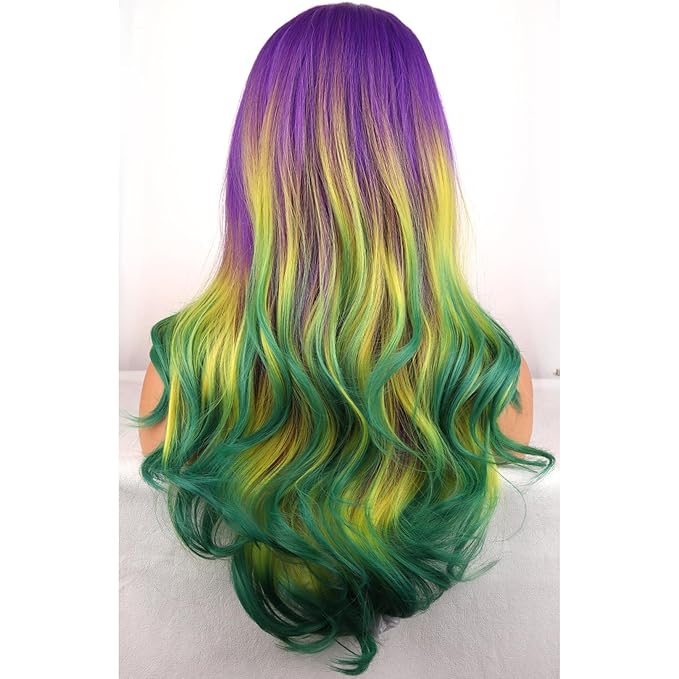 BERON Mardi Gras Colored Wigs Ombre Purple Yellow Green Long Wavy Wig for Women Girls Heat Resistant Synthetic Hair Wigs for Cosplay Party