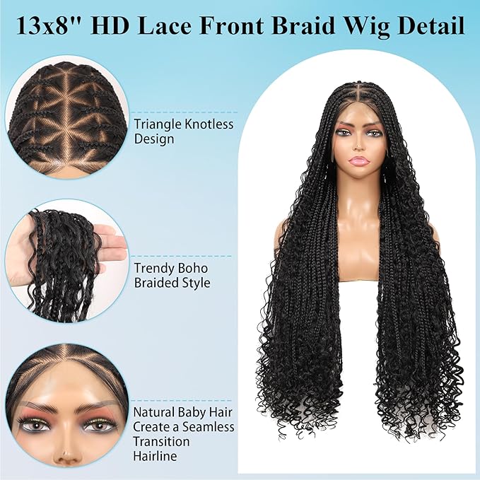 13x8'' HD Lace Front Boho Braided Wigs for Black Women Knotless Box Braid Wig Human Hair Blended Braided Lace Front Wig with Baby Hair Long Black 36 Inch